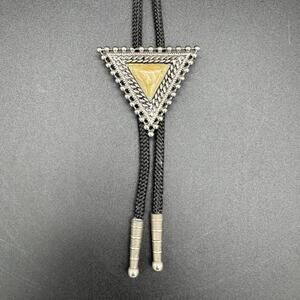 Vintage Triangular Yellow Jasper Stone Silver Tone Leather Strap Bolo Tie 80s